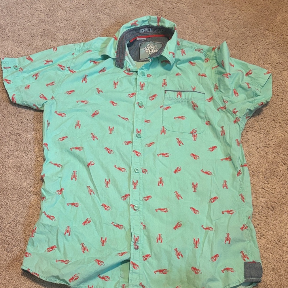 Aqua Casual Button Down Shirt with Red Pattern